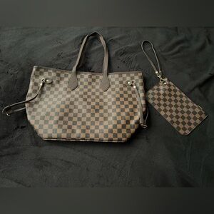 Brown Checkered Tote Bag with Wristlet